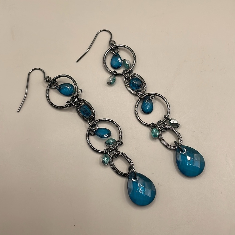Vintage Silver Tone Blue Beaded Dangle Drop Statement Earrings